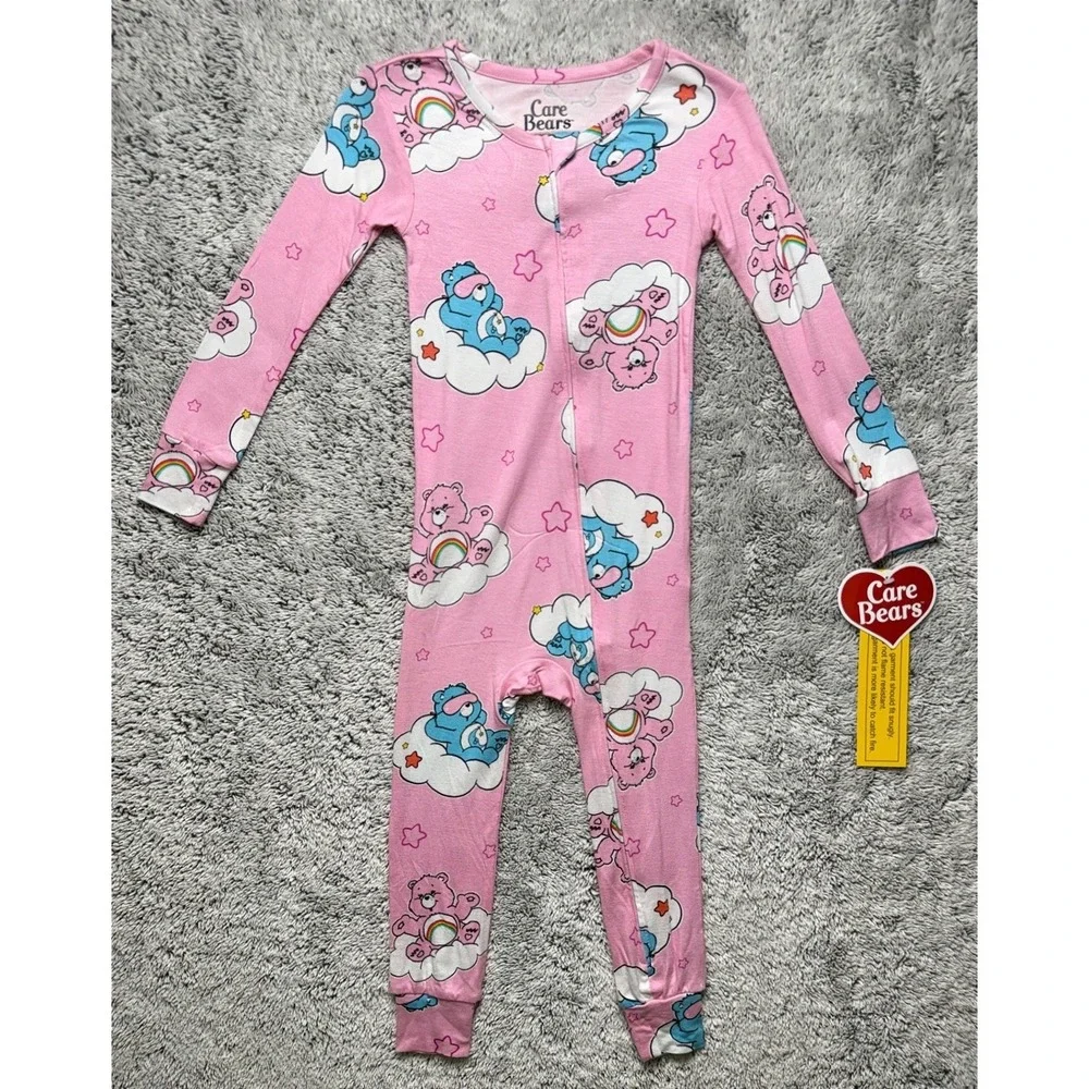Care Bears Toddler Girls 3t Pink Viscose One Piece Pajamas Zip Front Sleeper NWT